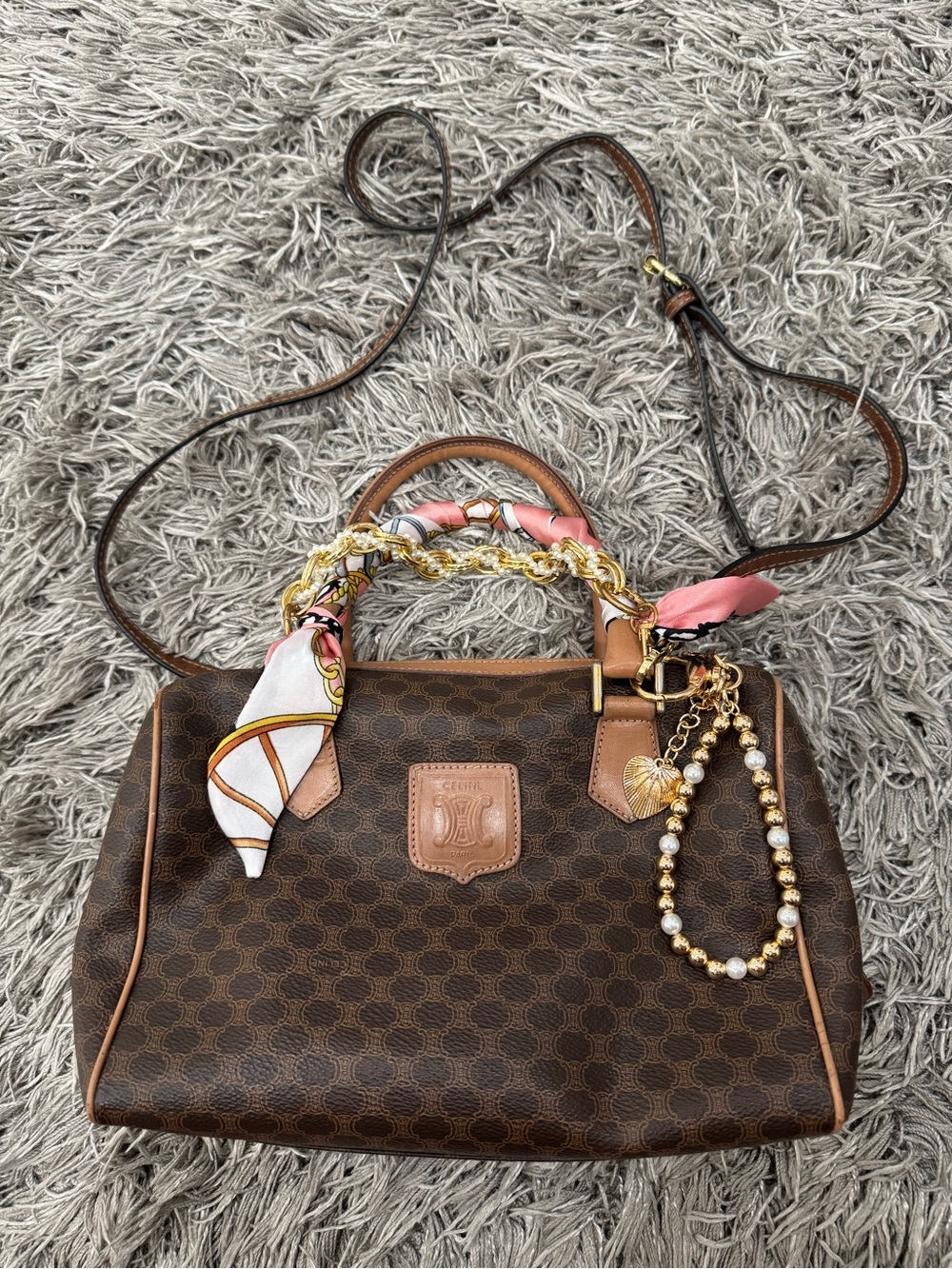 Celine Brown Satchel with Pink Scarf and Gold Chain Accents